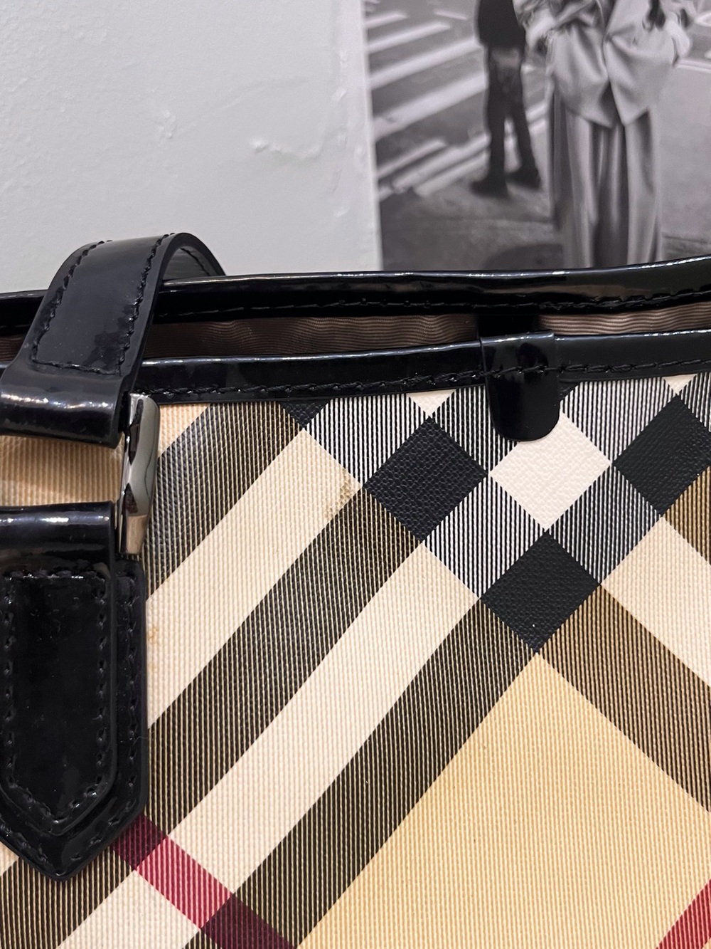 “Nickie” Plaid Tote Bag with Black Trim - Beige - Picture 7 of 13